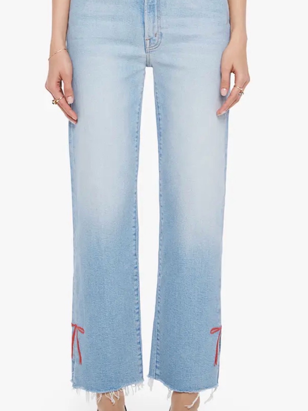 MOTHER Light Blue Cropped Straight Jeans with Red Side Ties